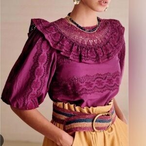 Sezane Elsa Blouse,  Embroidered Eyelet Crocheted, Women’s Size 36 - Violet